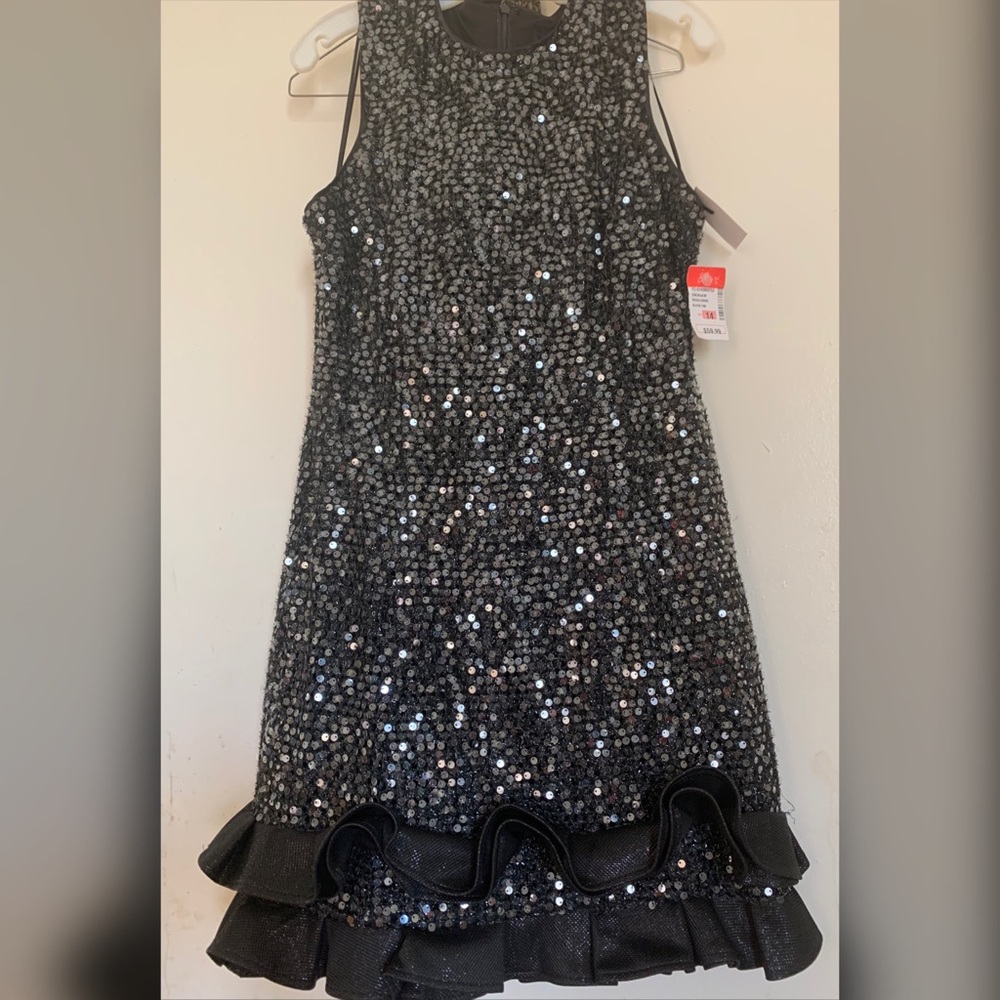 MAIA Black sequin Ruffle Hem Dress